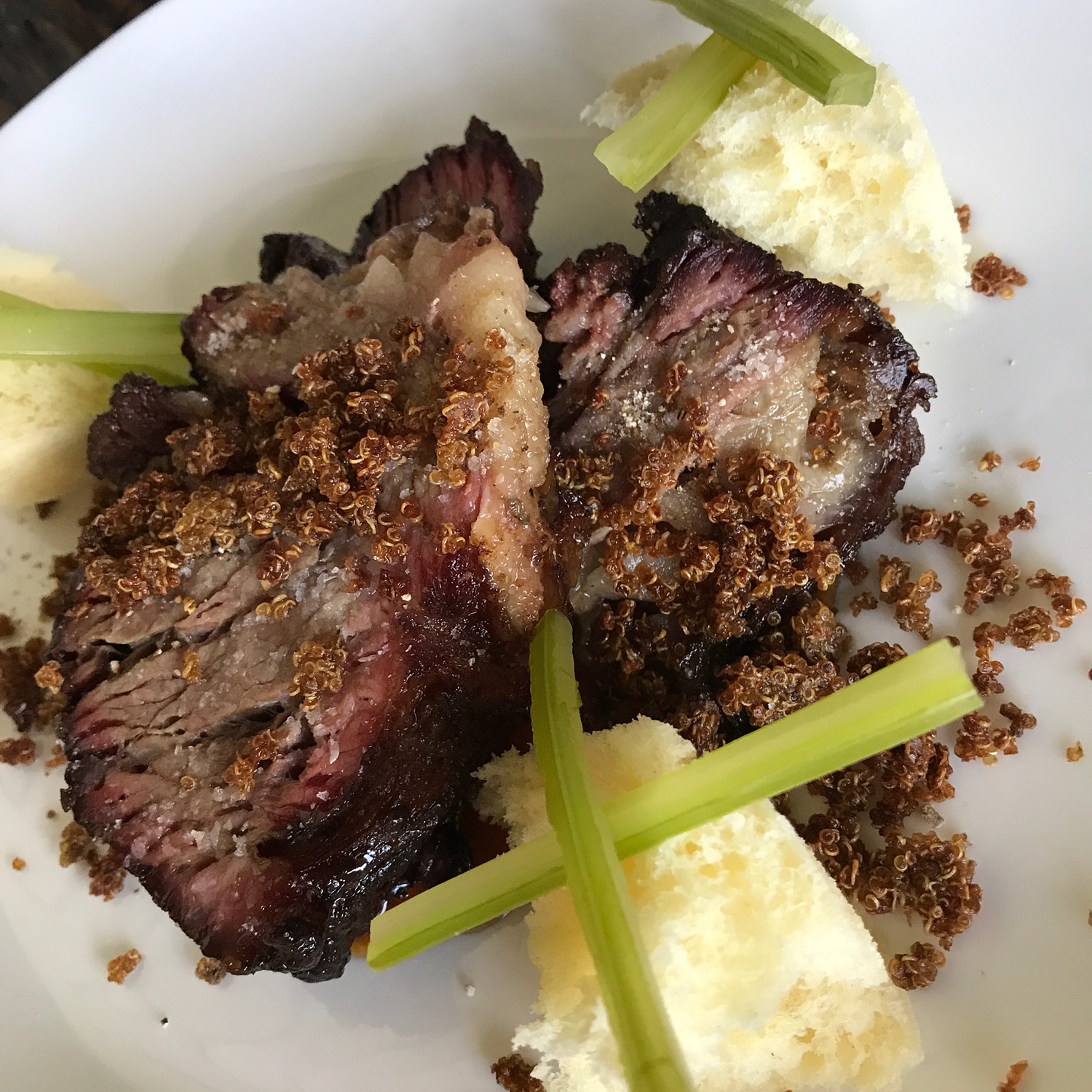 Texas Toast, smoked octopus, beef brisket, beans, homemade root beer