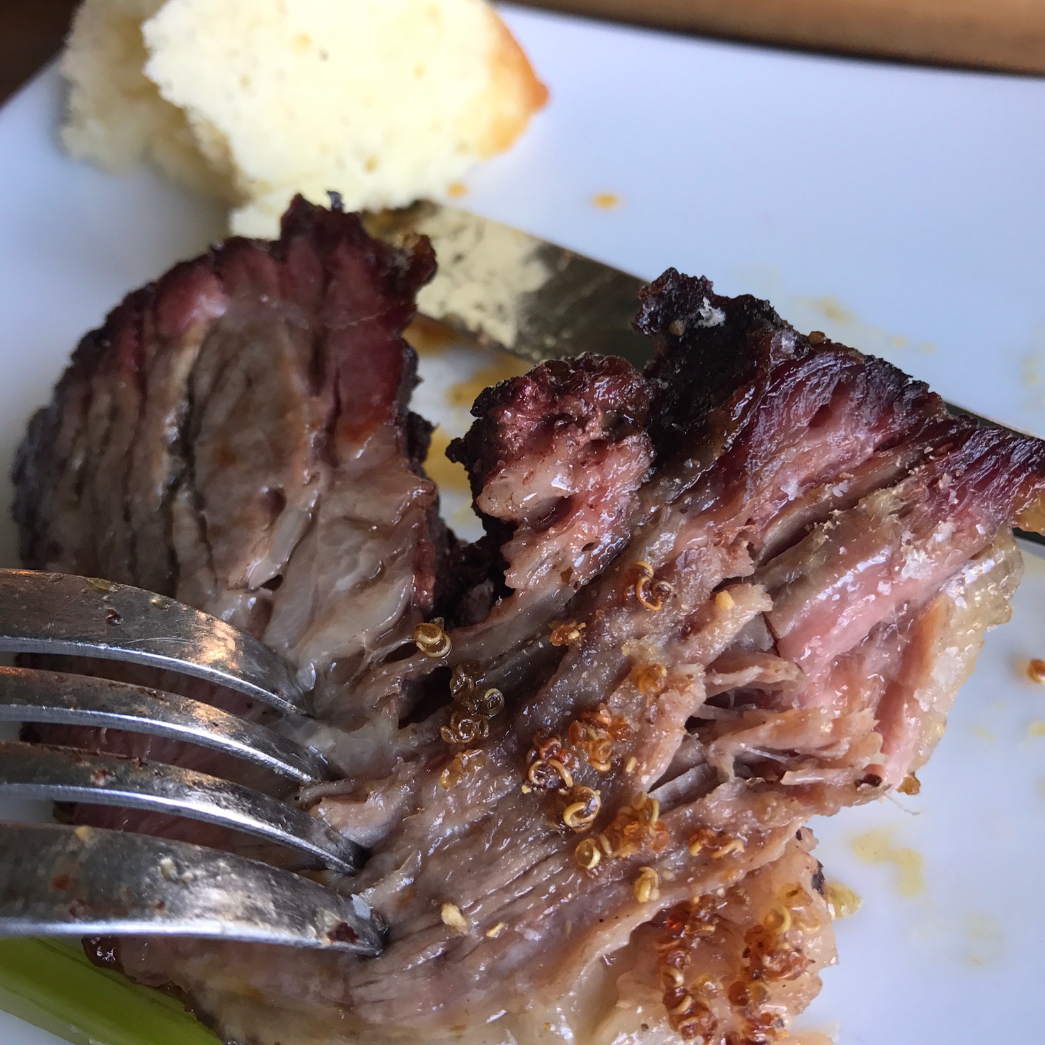 Texas Toast, smoked octopus, beef brisket, beans, homemade root beer