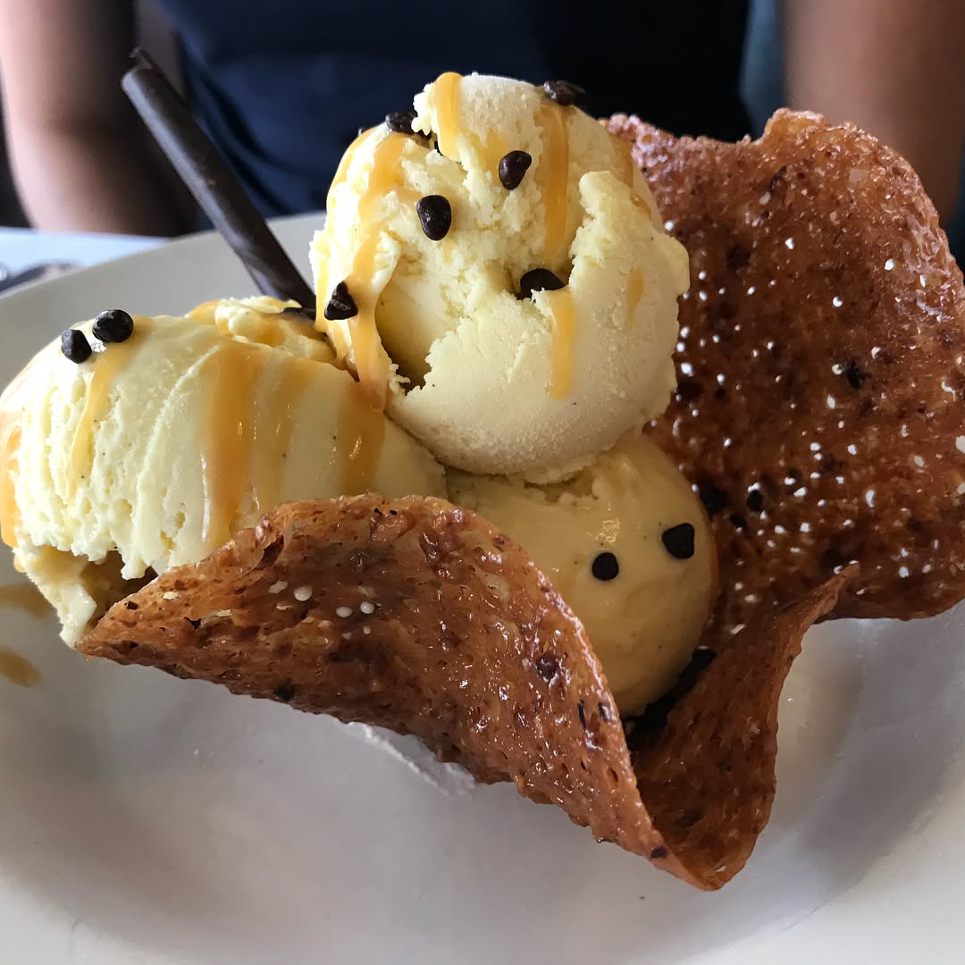 Dessert at  peanut butter cheesecake and vanilla ice cream