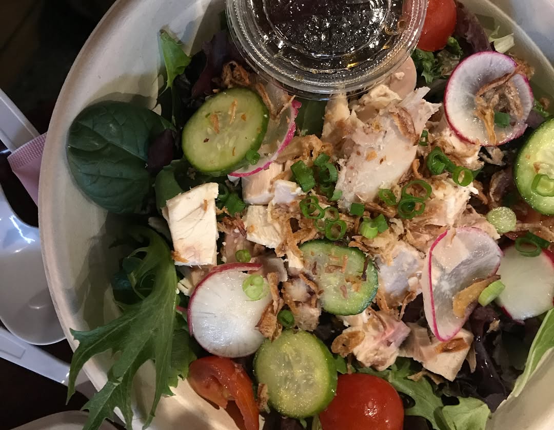 Roast chicken rice plate and chicken salad