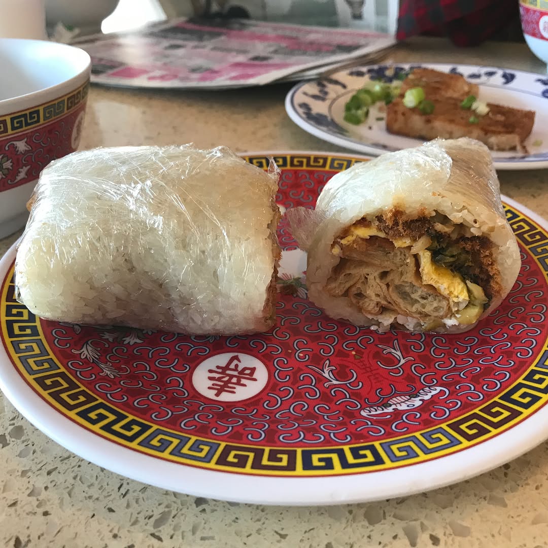 Taiwanese breakfast with Rice Burritos 飯糰, egg crepe roll 蛋餅, fried radish ca...