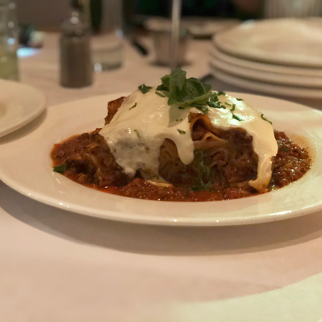 Dinner at  in   We had the sausage pizza, the lasagna, Caesar salad, Mac & ch...