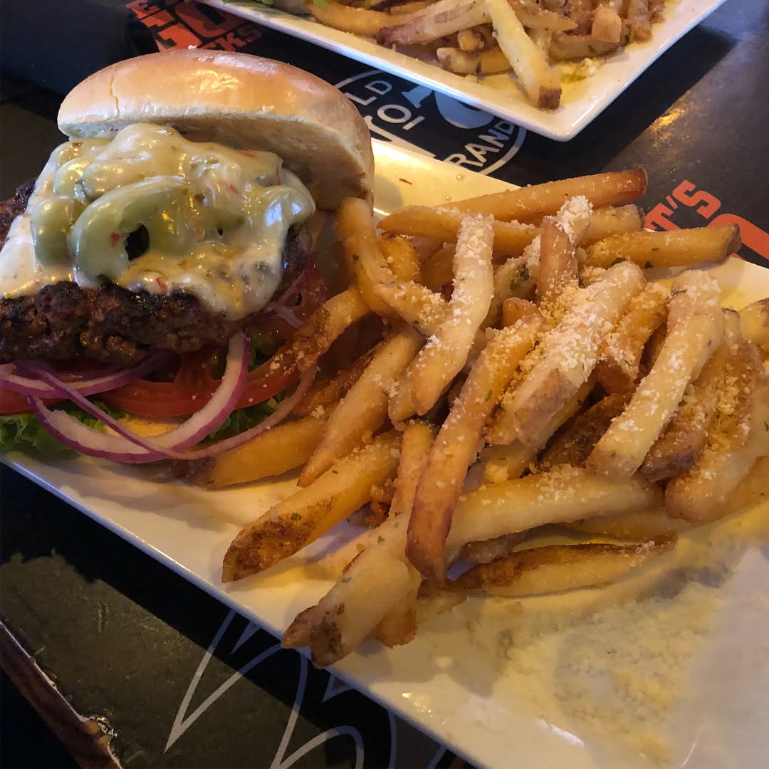Jalapeño Pepper Burger, Swiss Mushroom Burger, and the spicy pickle fries