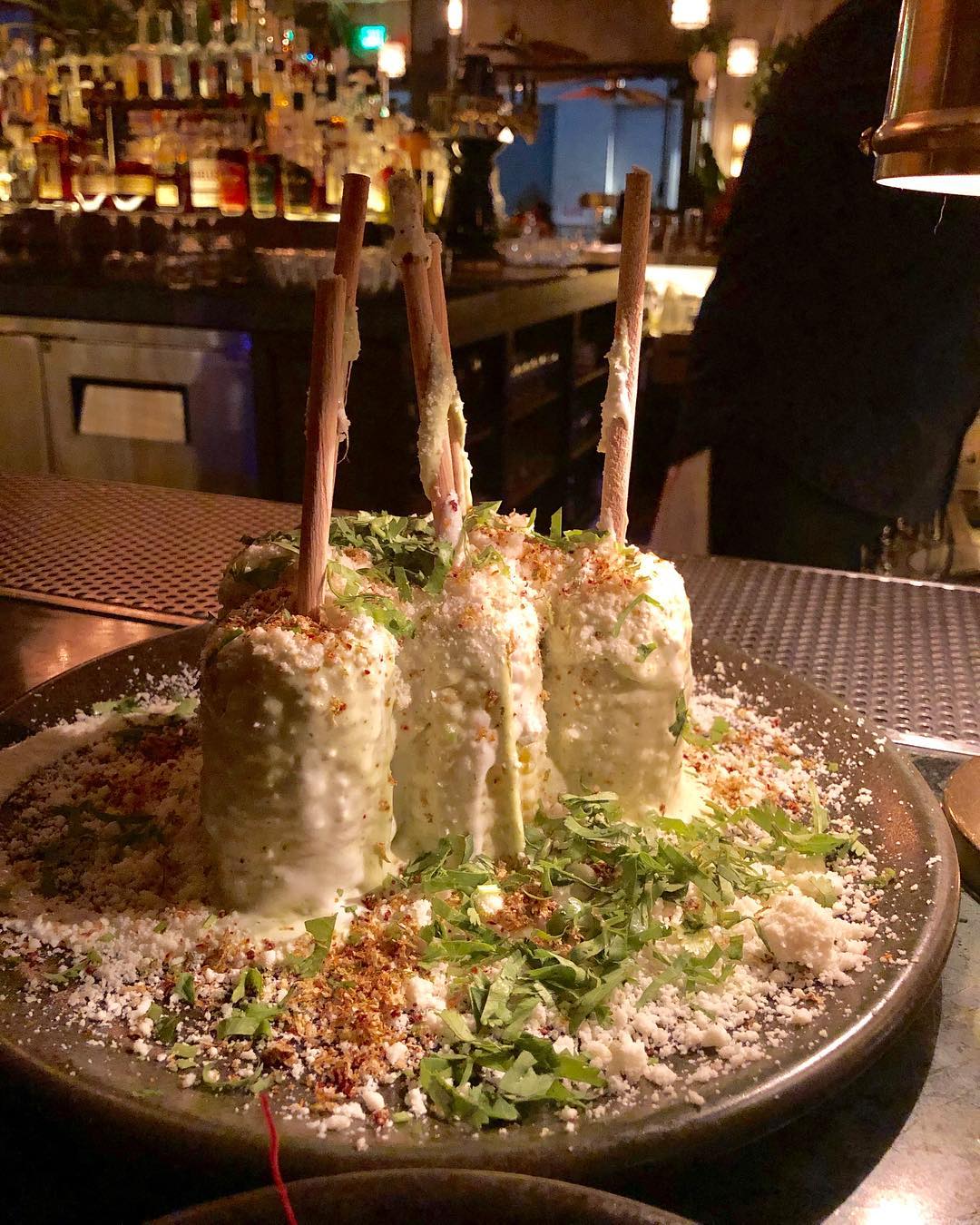 Eating at the bar at Dama in DTLA, fashion district