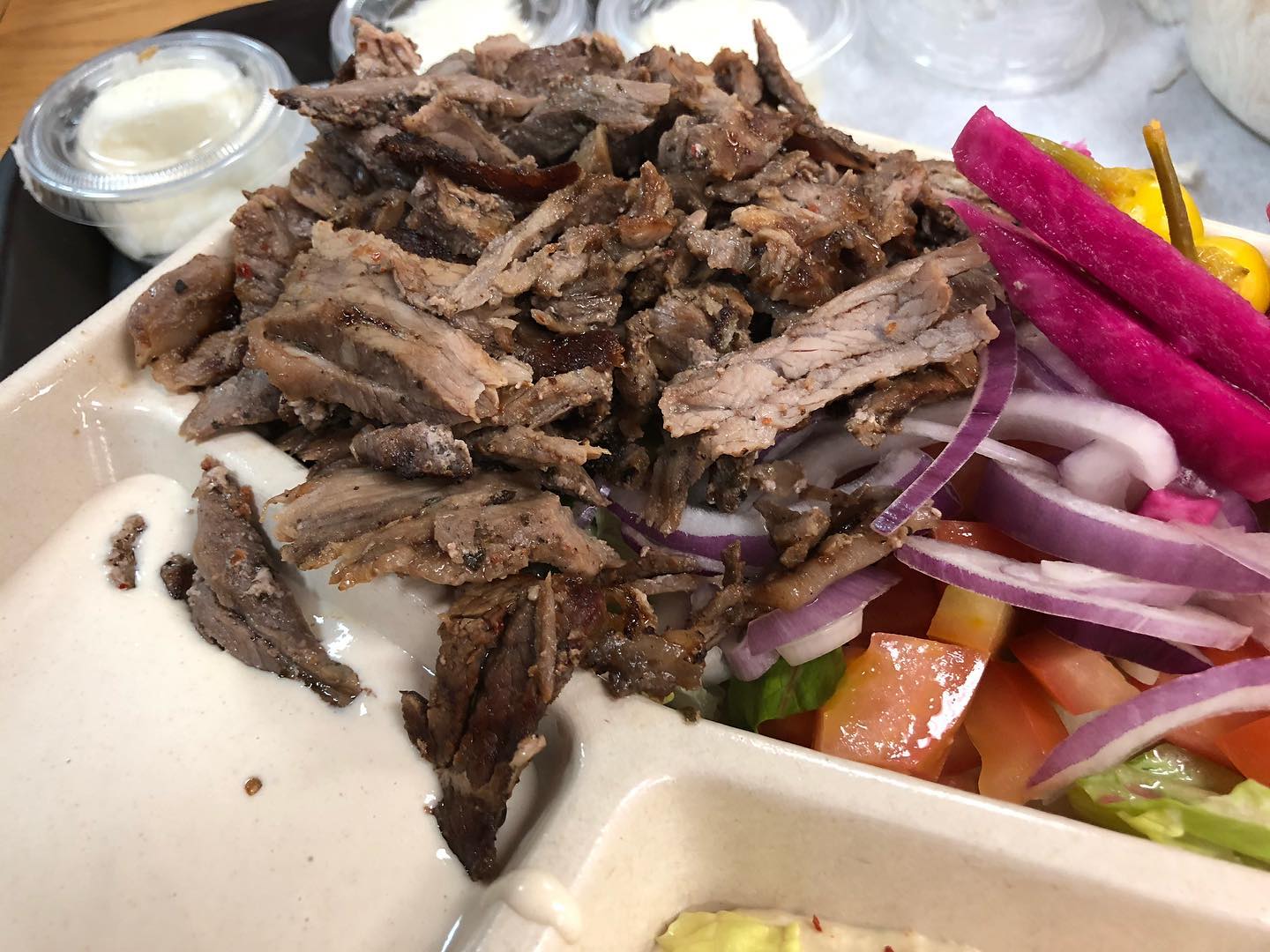 Rotisserie chicken and Tri-tip shawarma plate from Zankou Chicken