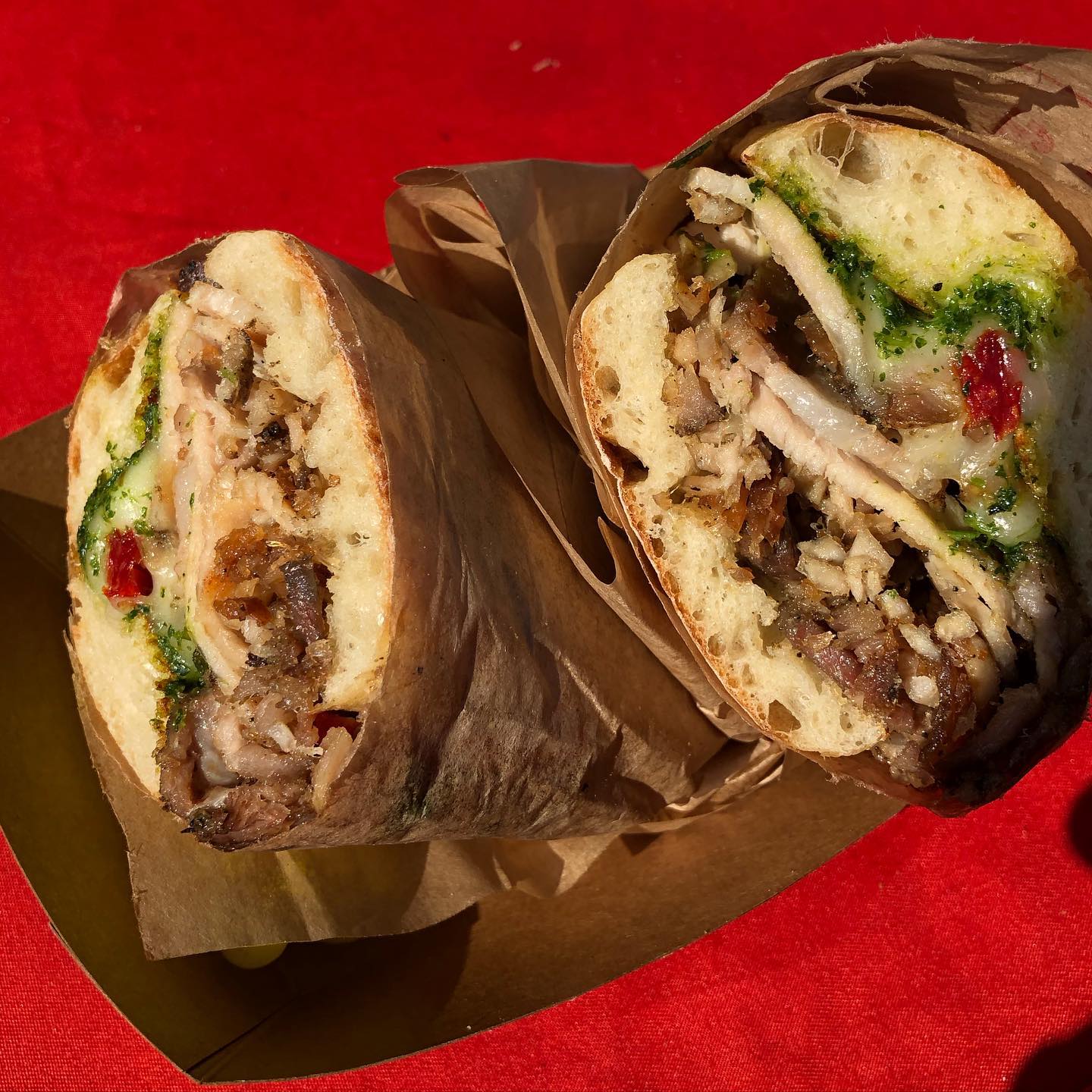 Porchetta sandwich at  and pastrami burnt ends from  ans rice balls  and frie...