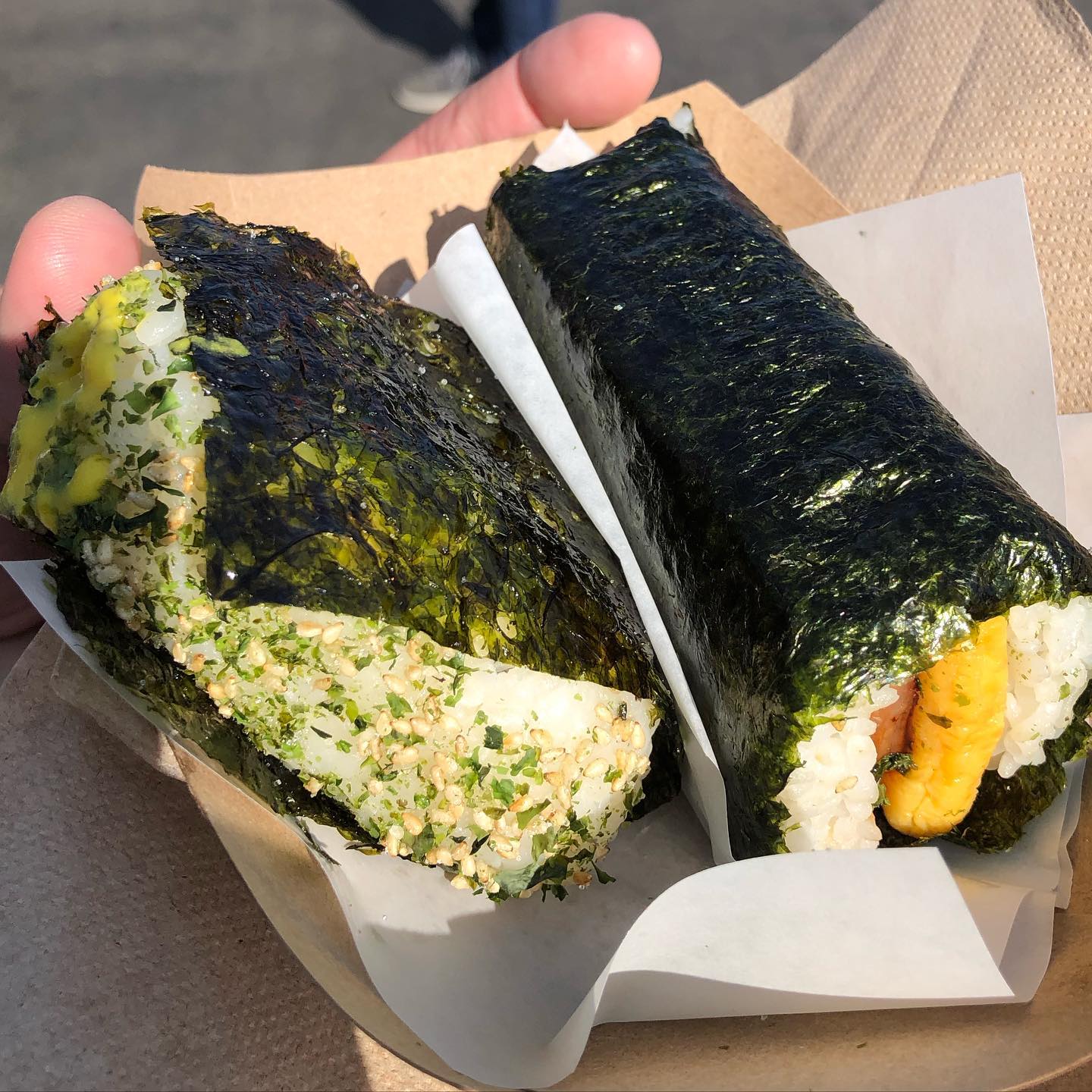 Porchetta sandwich at  and pastrami burnt ends from  ans rice balls  and frie...