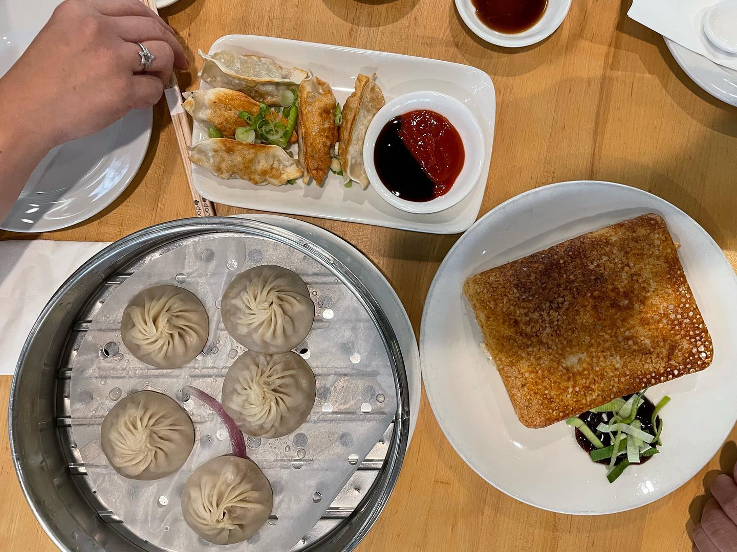 Lunch in Pasadena at  steamed pork dumplings, fried pork dumplings, and scall...