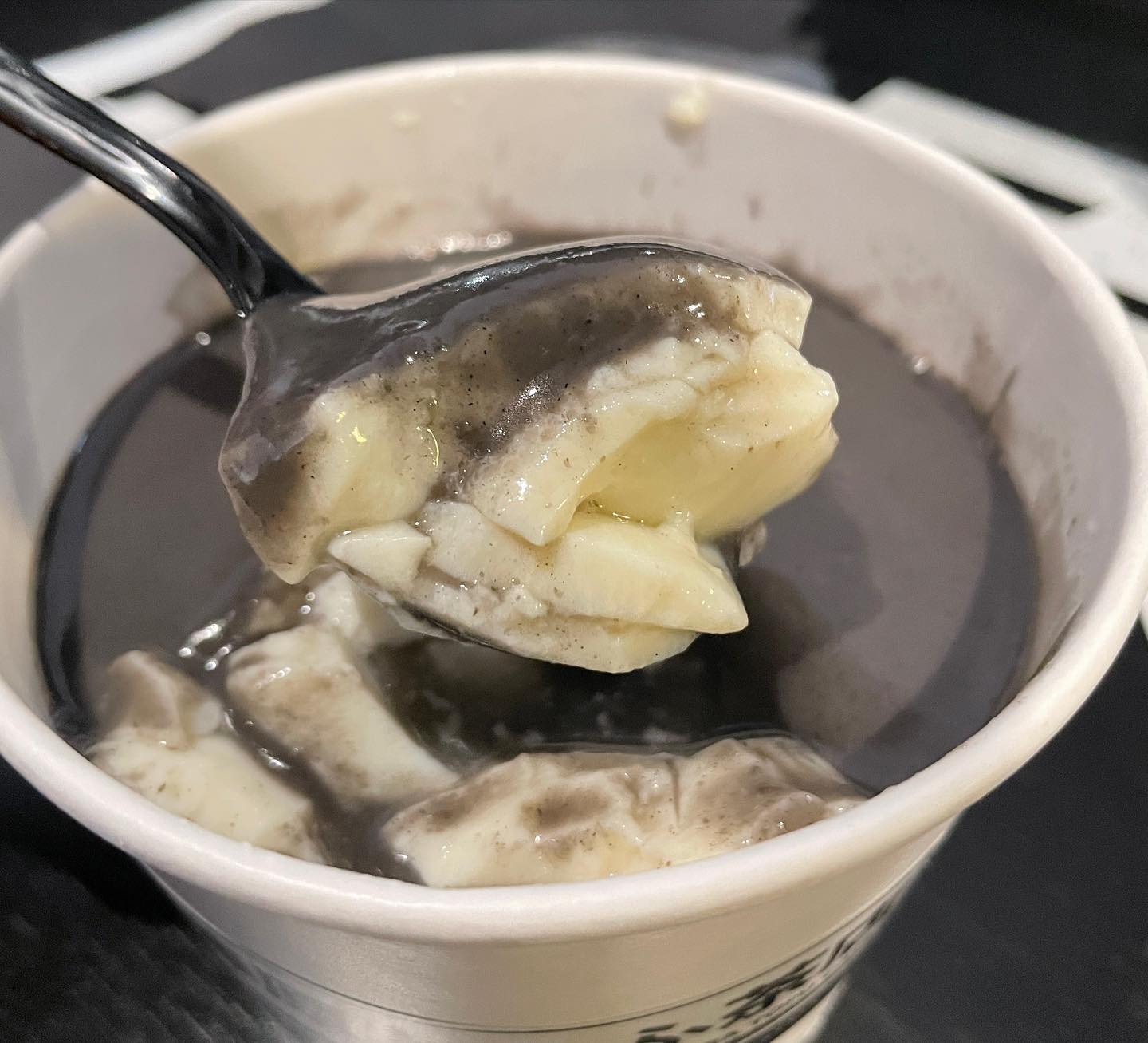 Panda tofu drink - black sesame tofu milk and sweet tofu with black sesame de...