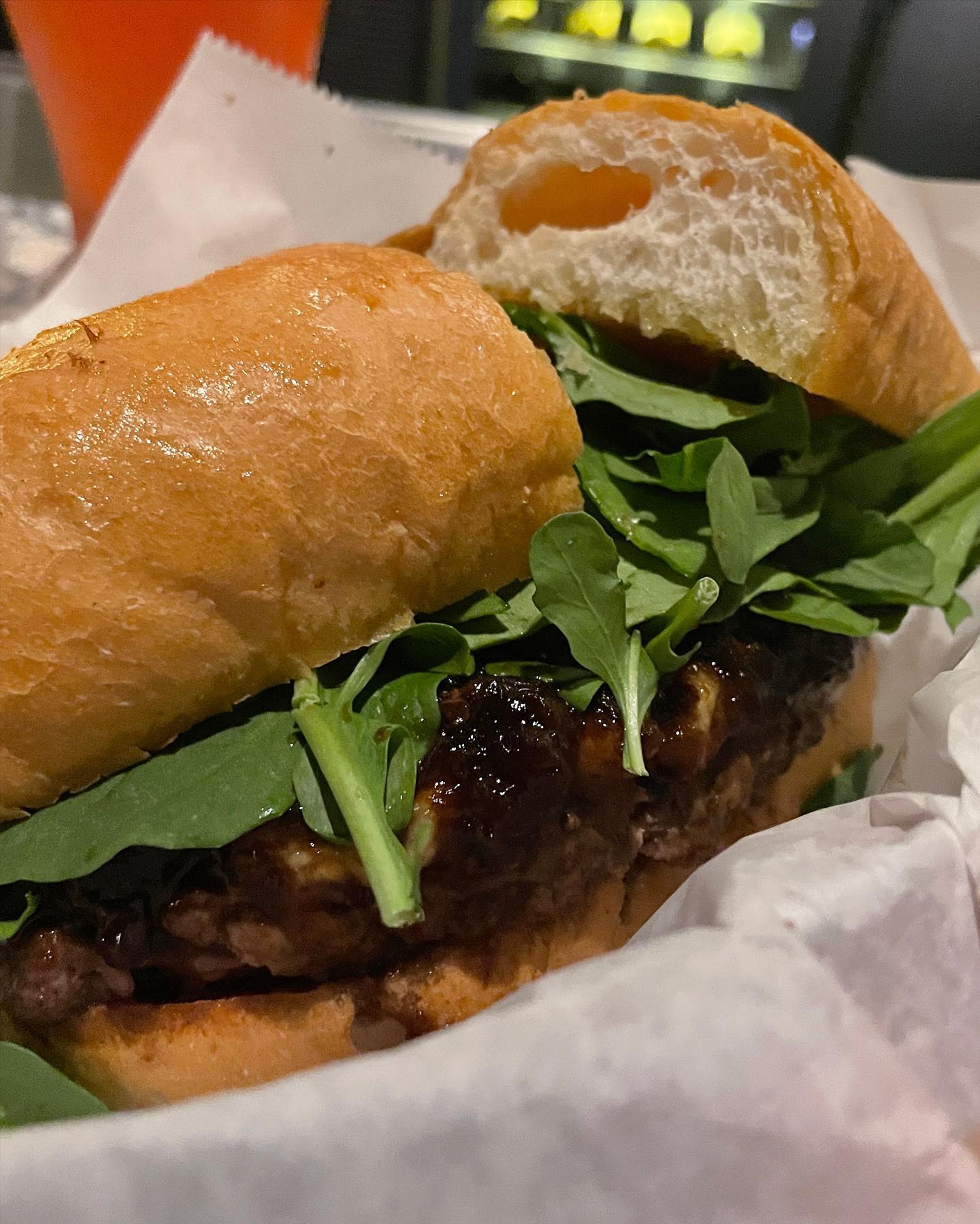 The burger at Farther’s Office in DTLA’s Arts District