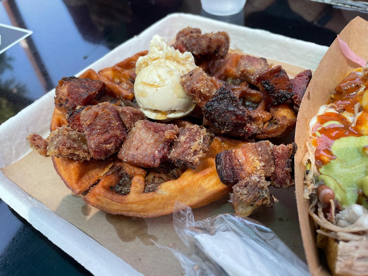 Smoked pork belly and waffles