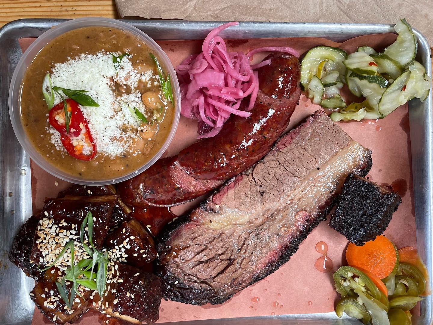 Smoked moist Brisket, spicy beef garlic sausage, brisket beans, Korean pork b...