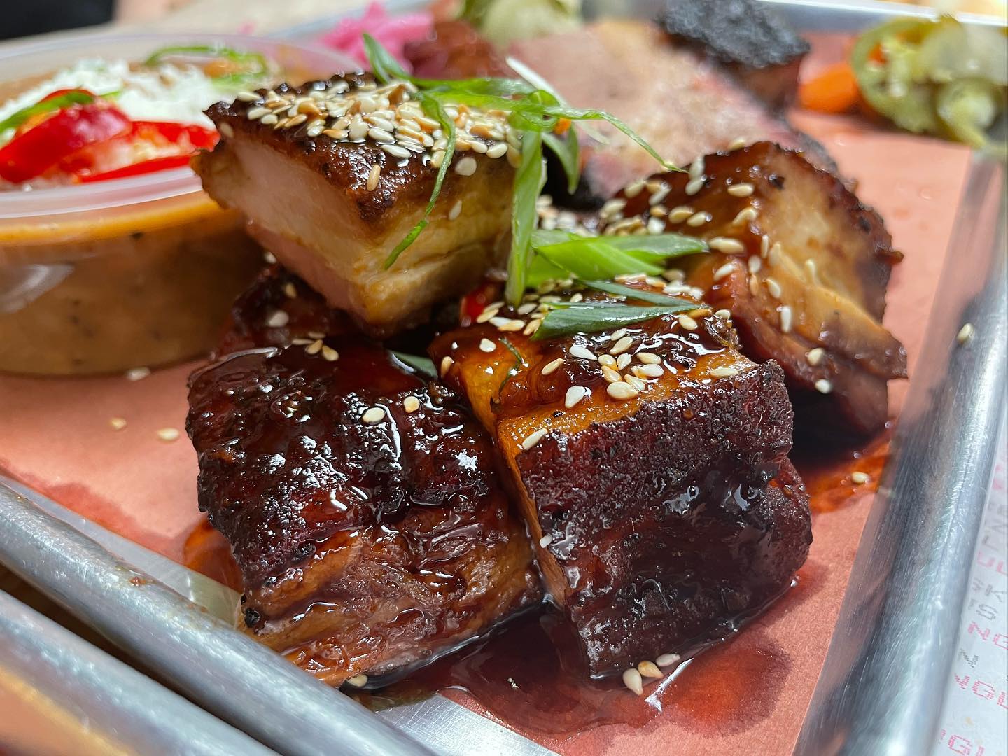 Smoked moist Brisket, spicy beef garlic sausage, brisket beans, Korean pork b...