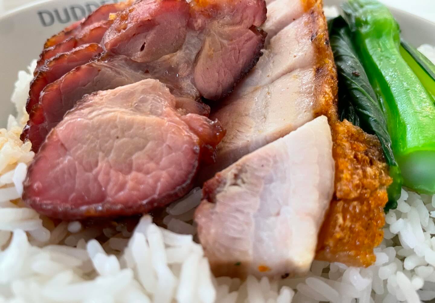 Cantonese Bbq pork and roast pork belly over rice and pork meat ball soup