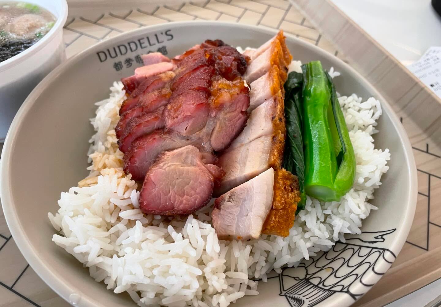 Cantonese Bbq pork and roast pork belly over rice and pork meat ball soup