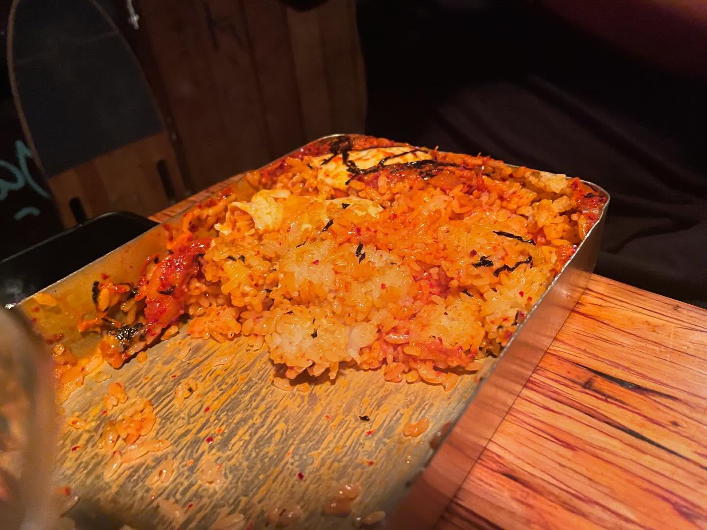 Kimchi pancake, rice box, and skewers at Dan Sung Sa