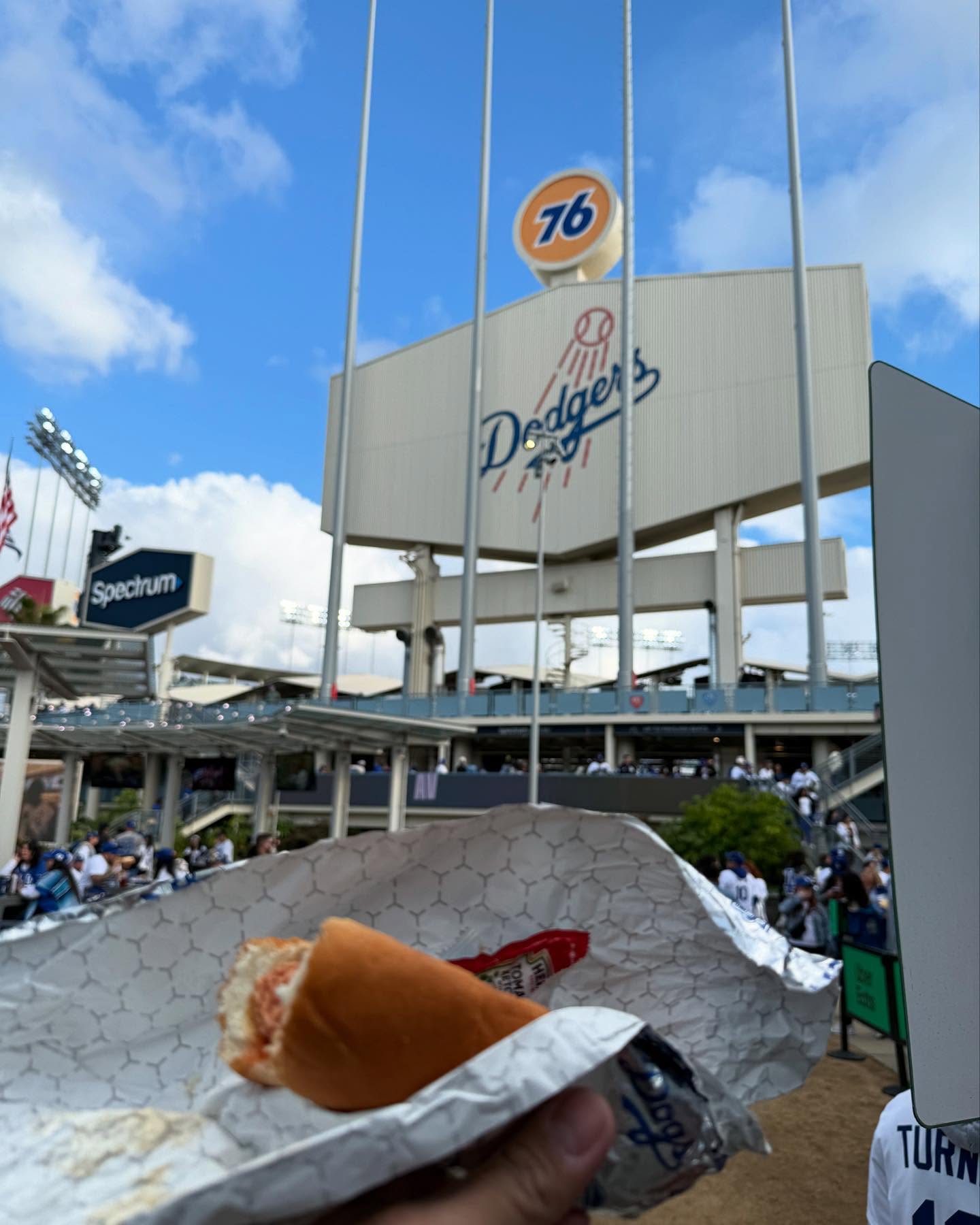 Enjoying a Dodger Dog at the game